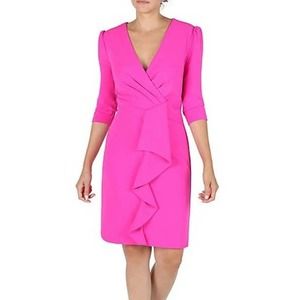NWT Julia Jordan Pleated Ruffle Front Faux Wrap Dress V-Neck Pink Size 12
